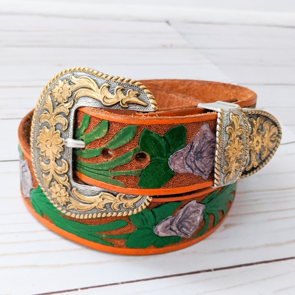 Hand Tooled Leather Jonquils Belt w/ Buckle Set